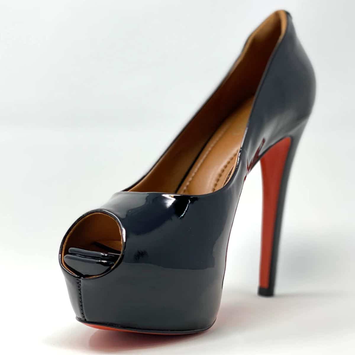 black leather open toe heels